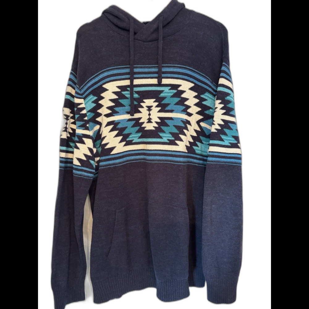 AE Blue Cotton Southwest Aztec Geometric Pattern Hooded Pullover Sweater Men XL